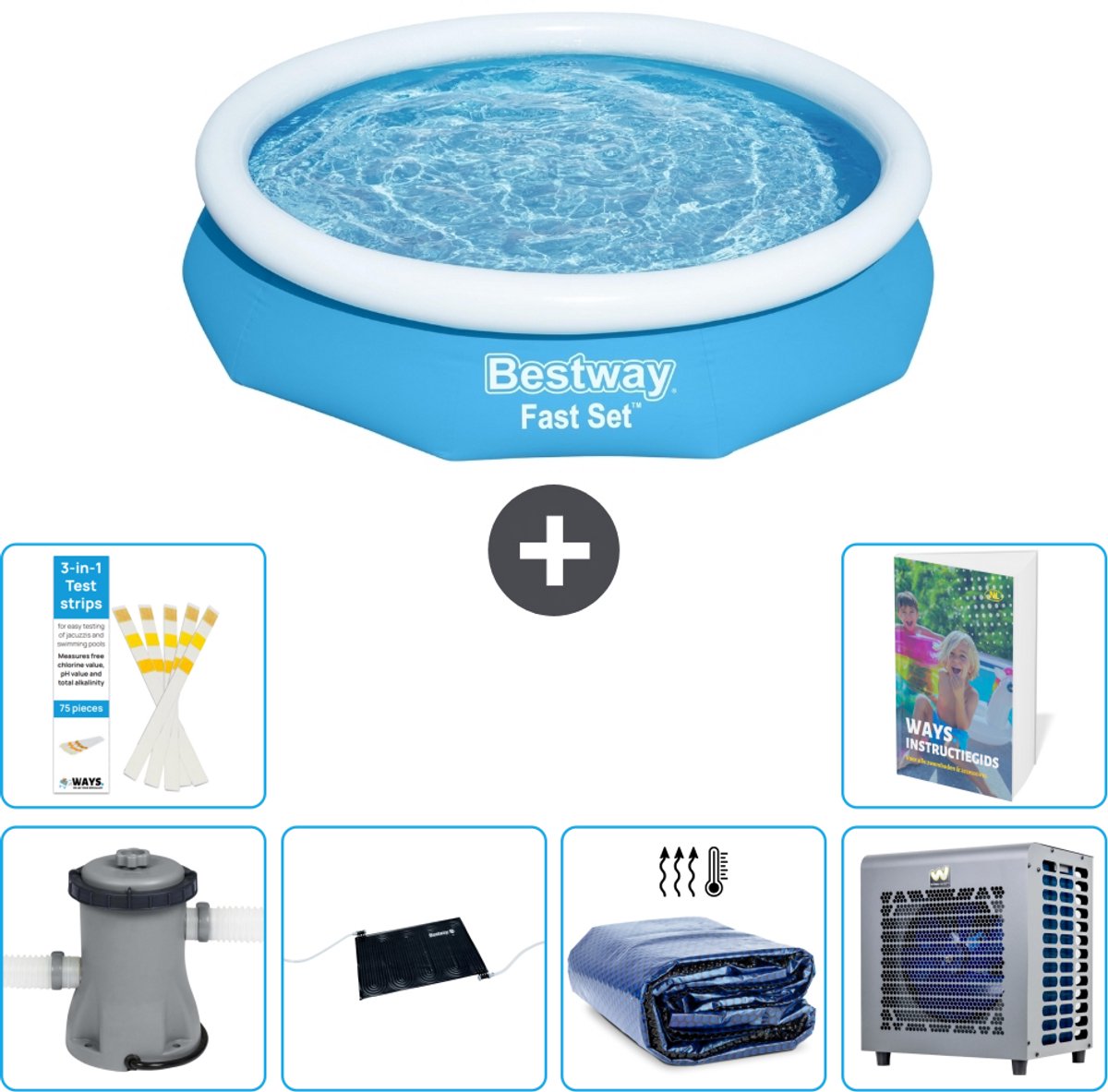 Bestway Rond Opblaasbaar Fast Set Zwembad - 305 x 66 cm - Blauw - Inclusief Pomp - Solar Mat - Solarzeil - Warmtepomp - 7-delig