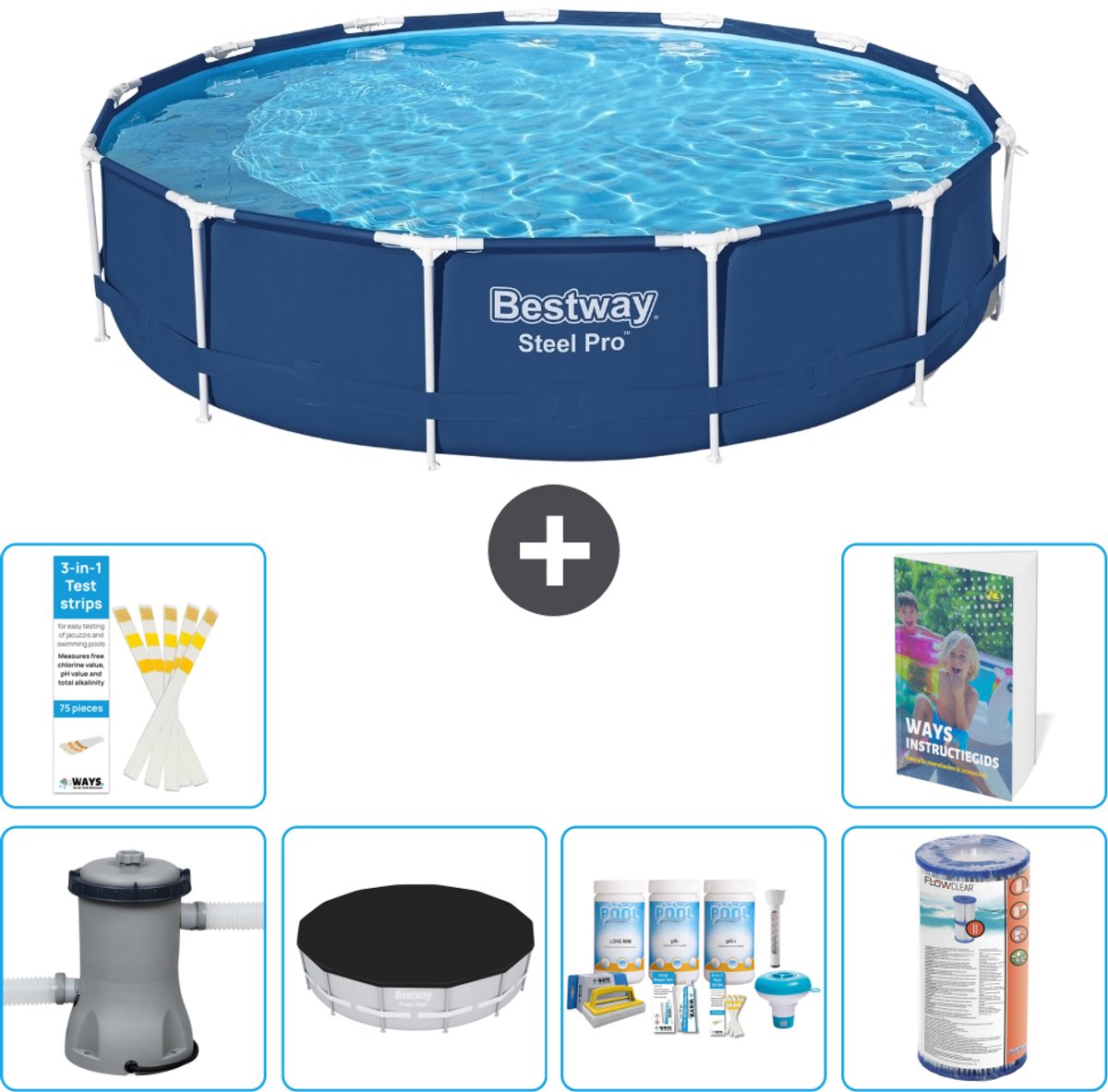Bestway Rond Steel Pro Zwembad - 396 x 84 cm - Blauw - Inclusief Pomp - Afdekzeil - Onderhoudspakket - Filter - 7-delig