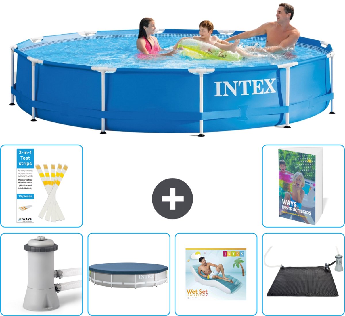 Intex Rond Frame Zwembad - 366 x 76 cm - Blauw - Inclusief Pomp - Afdekzeil - Loungebed - Solar Mat - 7-delig