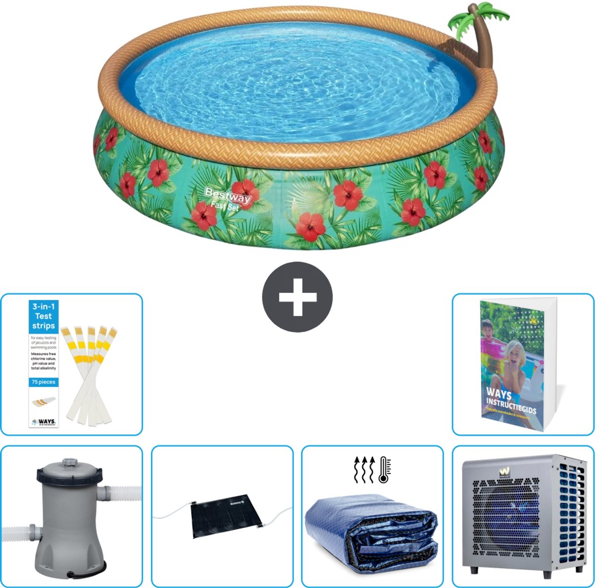 Bestway Rond Opblaasbaar Fast Set Zwembad - Paradijsprint - 457 x 84 cm - Inclusief Pomp - Solar Mat - Solarzeil - Warmtepomp - 7-delig
