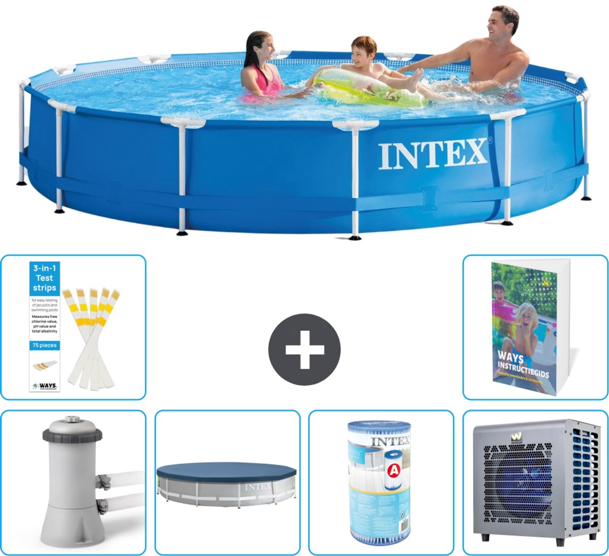 Intex Rond Frame Zwembad - 366 x 76 cm - Blauw - Inclusief Pomp - Afdekzeil - Filter - Warmtepomp - 7-delig