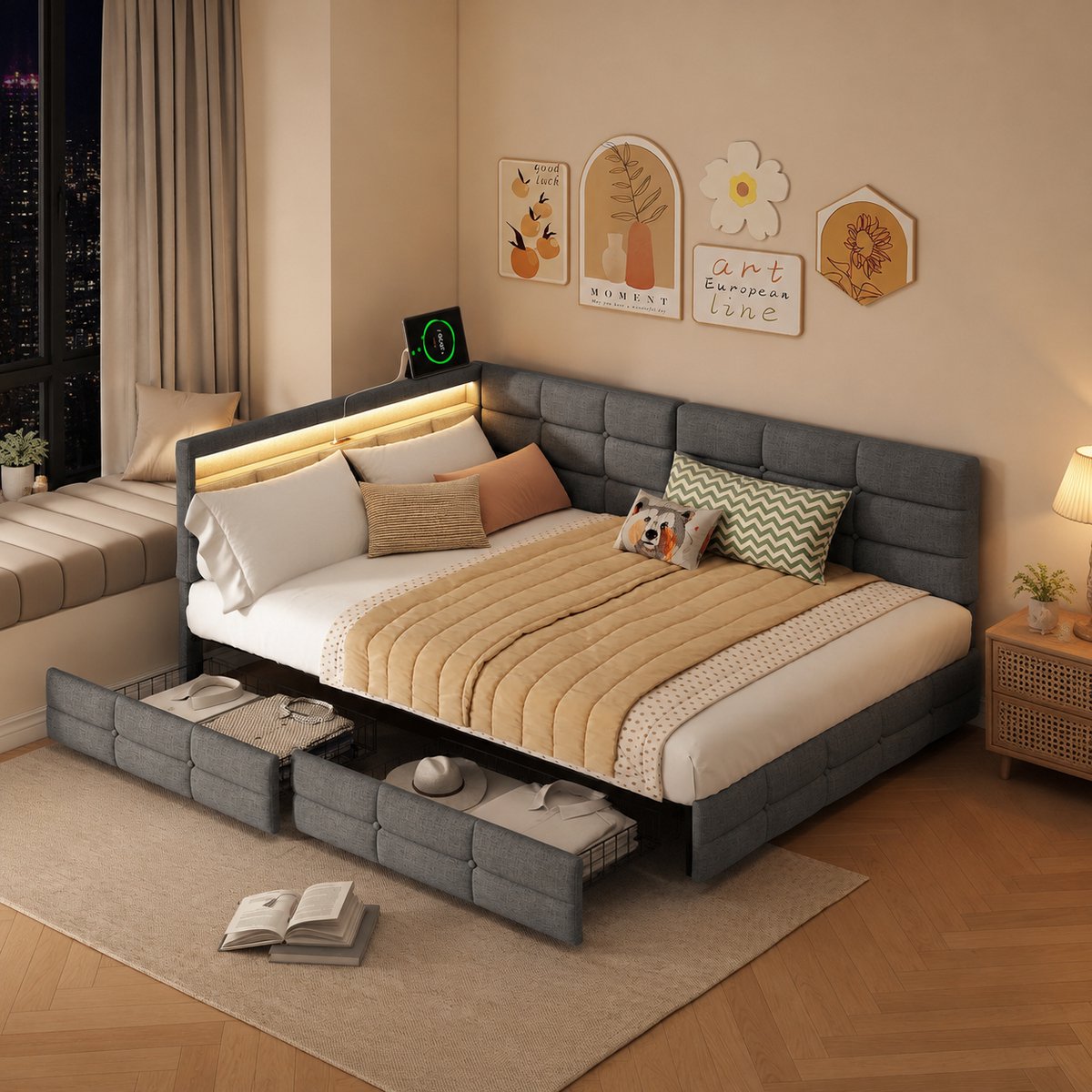 Slaapbank 140x190 cm met 2 lades, Moderne Tweepersoonsbed met ledverlichting en multifunctionele USB-poorten, lattenbodem en opbergruimte, linnen Grijs