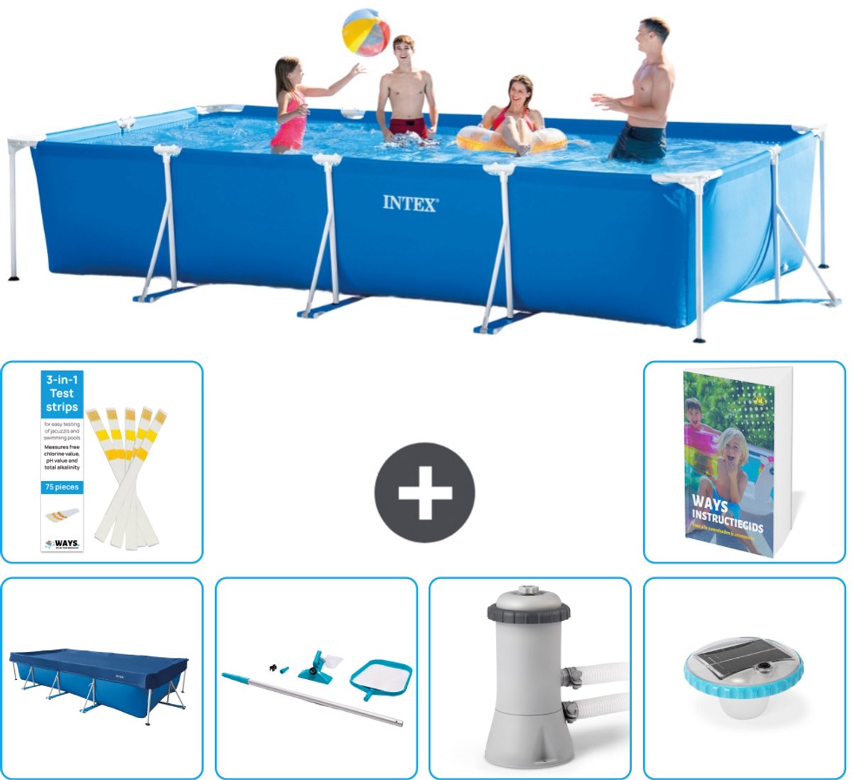 Intex Rechthoekig Frame Zwembad - 450 x 220 x 84 cm - Blauw - Inclusief Afdekzeil - Schoonmaakset - Zwembadfilterpomp - Verlichting - 7-delig