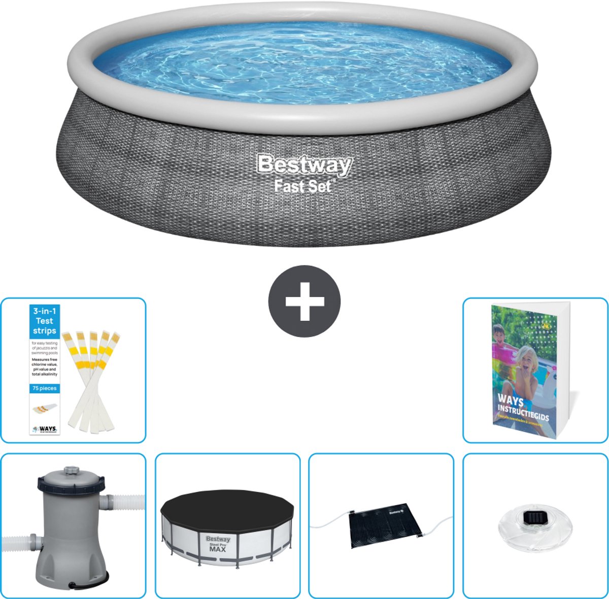 Bestway Rond Opblaasbaar Fast Set Zwembad - Rotanprint - 457 x 84 cm - Inclusief Pomp - Afdekzeil - Solar Mat - Verlichting - 7-delig
