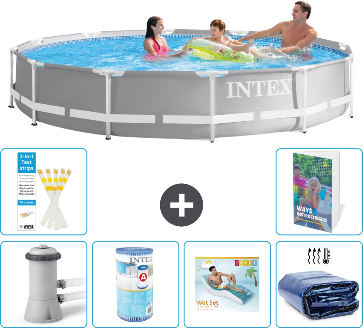 Intex Rond Prism Frame Zwembad - 366 x 76 cm - Grijs - Inclusief Pomp - Filter - Loungebed - Solarzeil - 7-delig