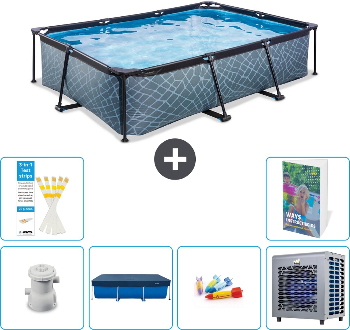 EXIT Rechthoekig Stone Frame Zwembad - 300 x 200 x 65 cm - Inclusief Pomp - Afdekzeil - Speelgoed - Warmtepomp - 7-delig