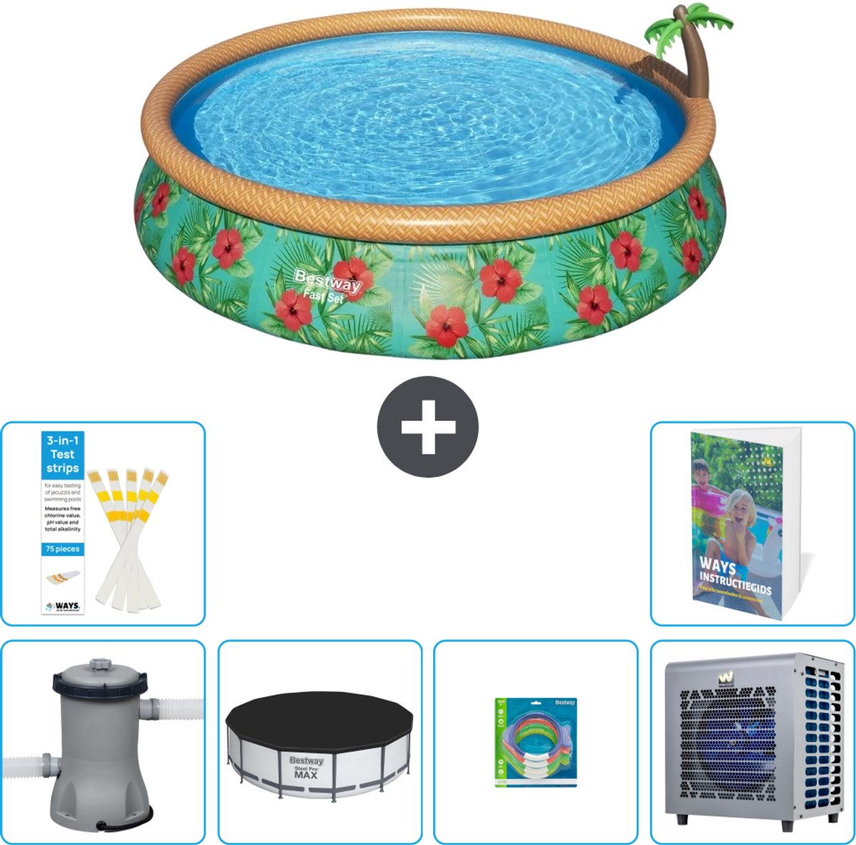 Bestway Rond Opblaasbaar Fast Set Zwembad - Paradijsprint - 457 x 84 cm - Inclusief Pomp - Afdekzeil - Speelgoed - Warmtepomp - 7-delig