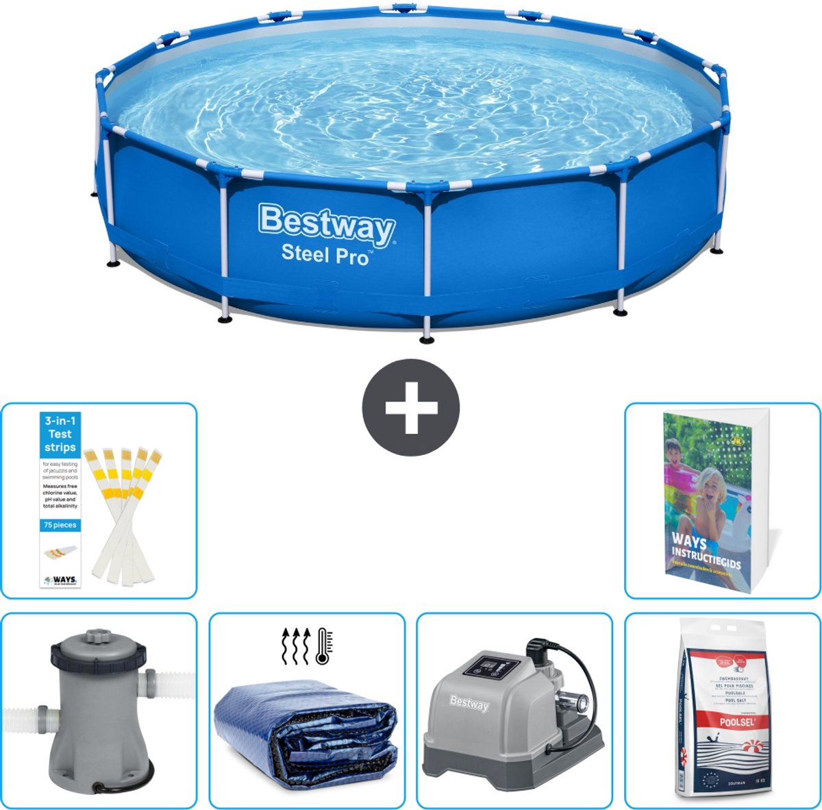 Bestway Rond Steel Pro Zwembad - 366 x 76 cm - Blauw - Inclusief Pomp - Solarzeil - Zoutwatersysteem - Zwembadzout - 7-delig