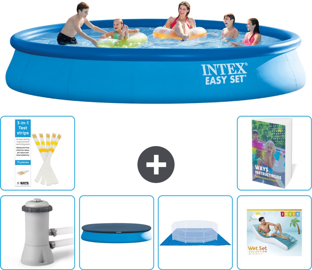 Intex Rond Opblaasbaar Easy Set Zwembad - 457 x 84 cm - Blauw - Inclusief Pomp - Afdekzeil - Grondzeil - Loungebed - 7-delig
