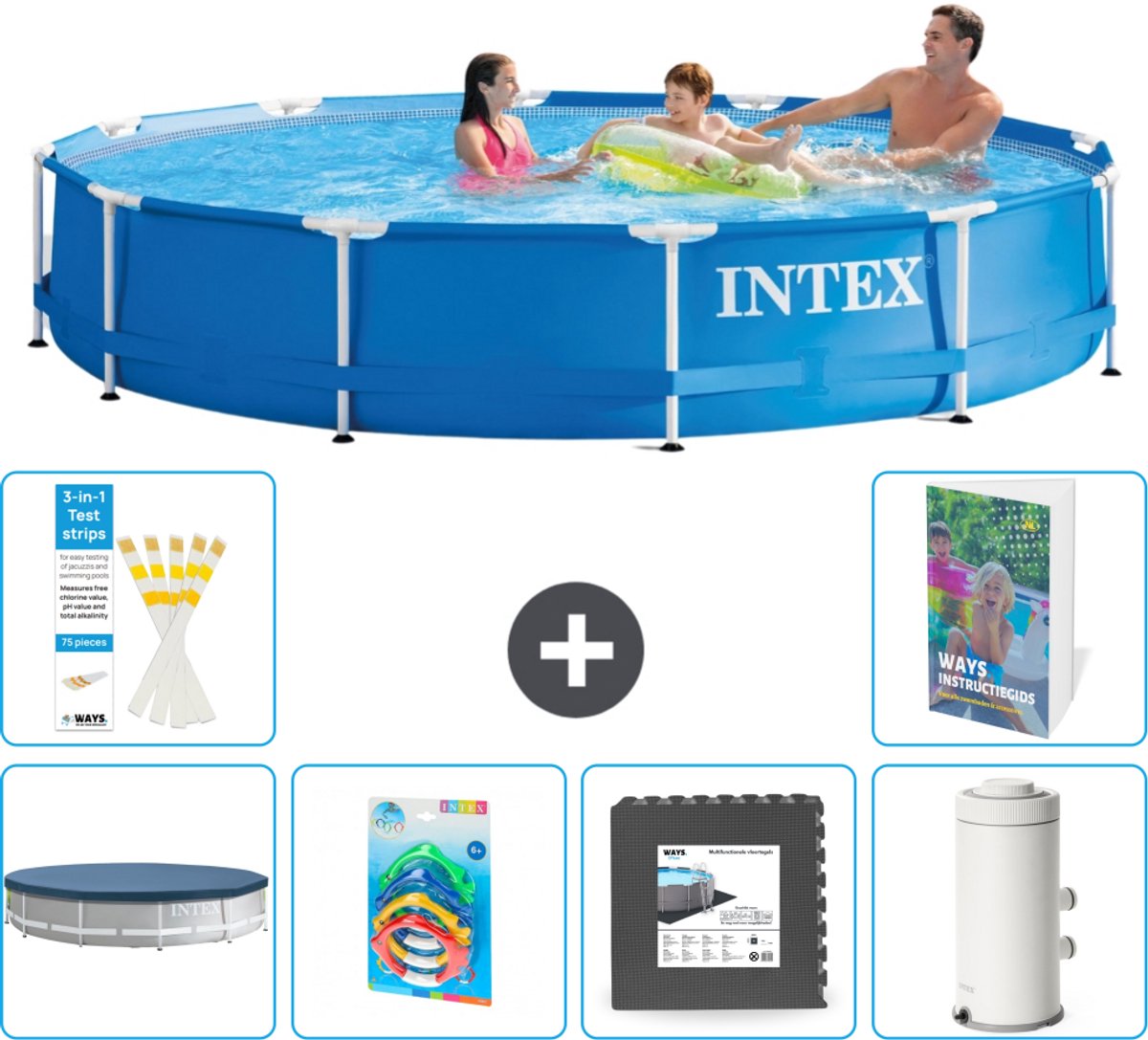 Intex Rond Frame Zwembad - 366 x 76 cm - Blauw - Inclusief Afdekzeil - Speelgoed - Vloertegels - Zwembadfilterpomp - 7-delig