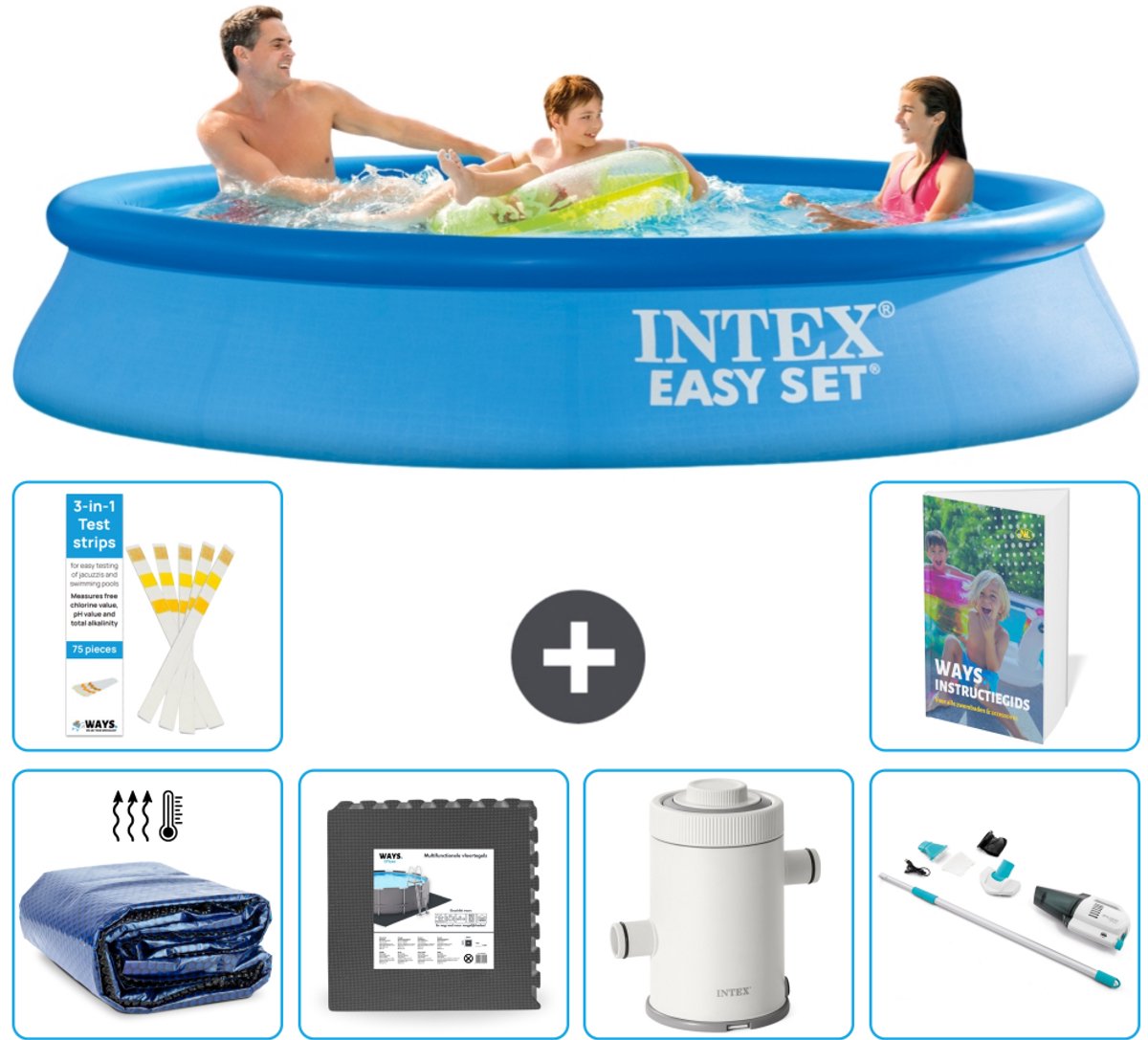 Intex Rond Opblaasbaar Easy Set Zwembad - 305 x 61 cm - Blauw - Inclusief Solarzeil - Vloertegels - Zwembadfilterpomp - Stofzuiger - 7-delig