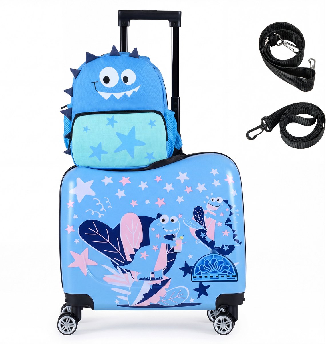 KOMFOTTEU 2-delige Kinderset – 18 Inch Kinder Cabinekoffer met Wielen en Telescoopgreep + 12 Inch Rugzak – Harde Reiskoffer voor Jongens en Meisjes – met Dinosaurusprint