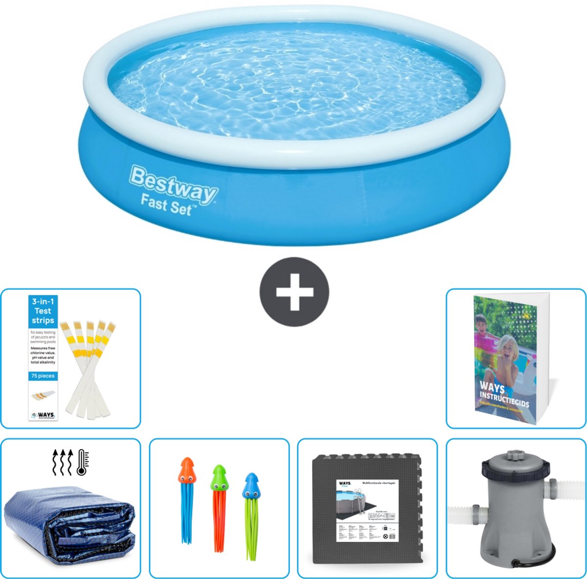 Bestway Rond Opblaasbaar Fast Set Zwembad - 366 x 76 cm - Blauw - Inclusief Solarzeil - Speelgoed - Vloertegels - Zwembadfilterpomp - 7-delig
