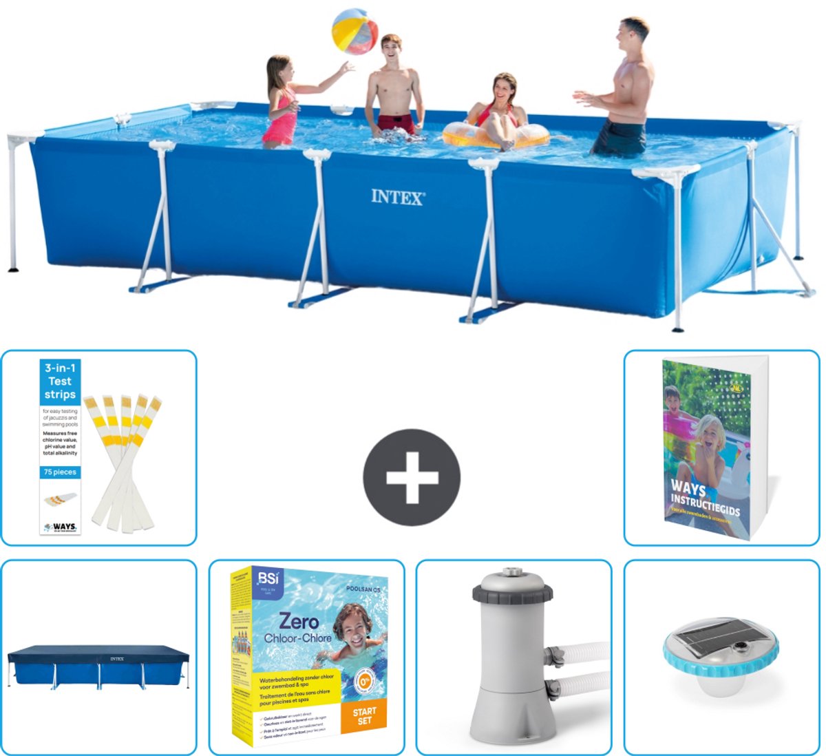 Intex Rechthoekig Frame Zwembad - 450 x 220 x 84 cm - Blauw - Inclusief Afdekzeil - Onderhoudspakket - Zwembadfilterpomp - Verlichting - 7-delig