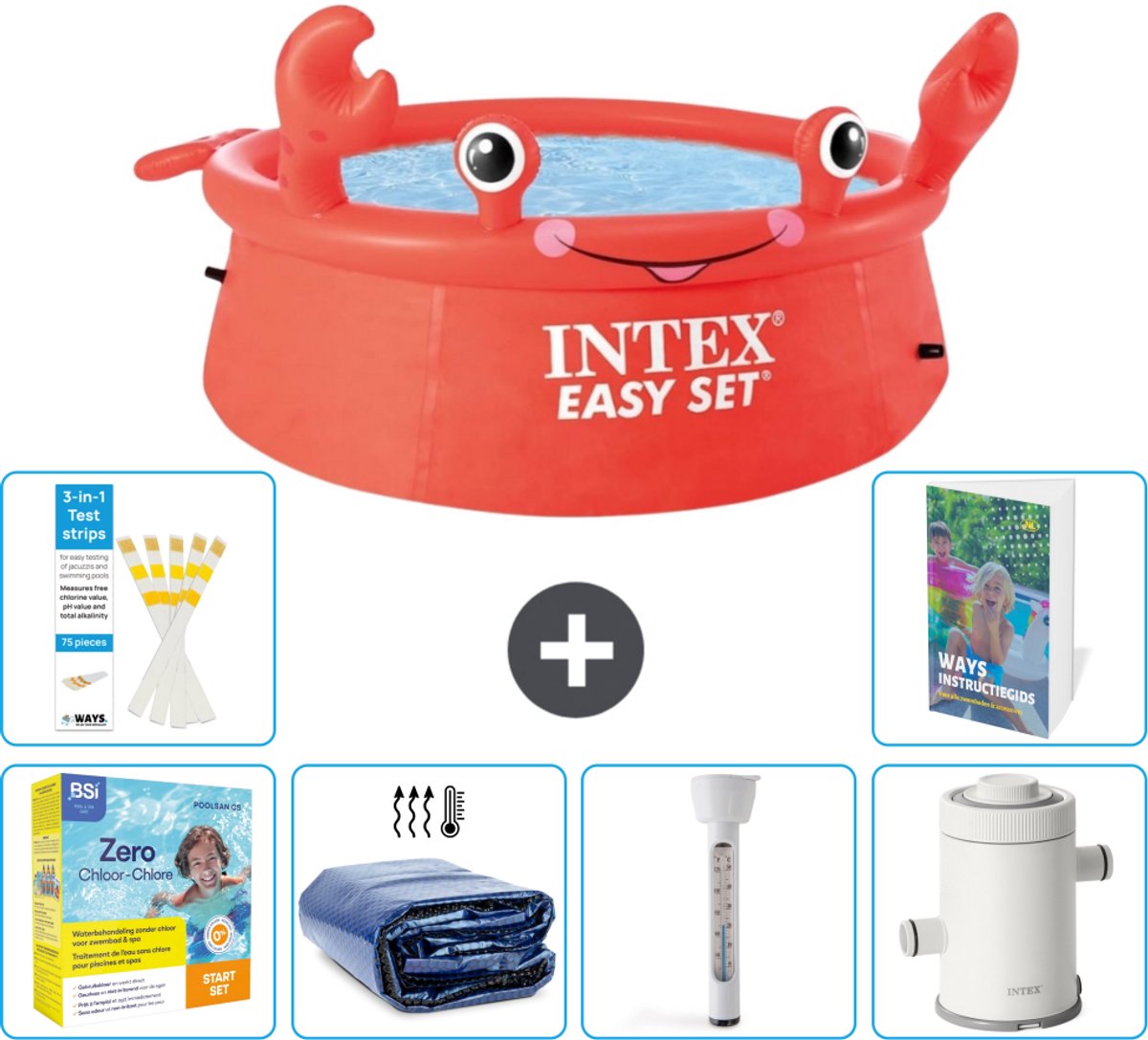 Intex Rond Opblaasbaar Easy Set Zwembad - 183 x 51 cm - Rood - Krab - Inclusief Onderhoudspakket - Solarzeil - Thermometer - Zwembadfilterpomp - 7-delig