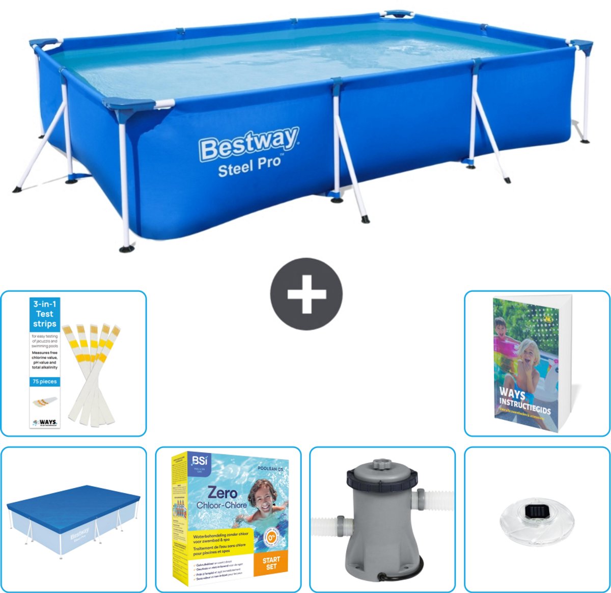 Bestway Rechthoekig Steel Pro Zwembad - 300 x 201 x 66 cm - Blauw - Inclusief Afdekzeil - Onderhoudspakket - Zwembadfilterpomp - Verlichting - 7-delig