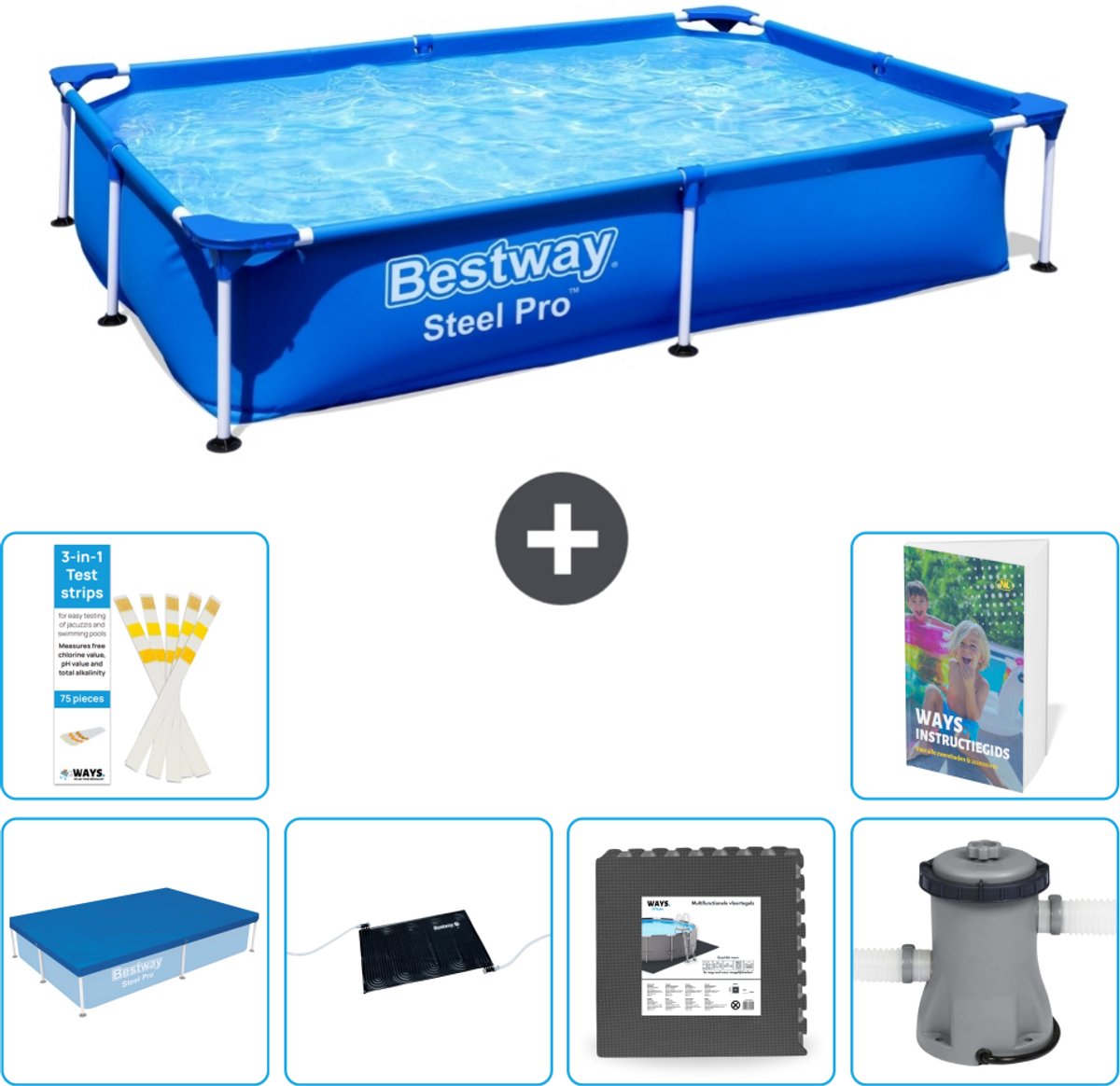Bestway Rechthoekig Steel Pro Zwembad - 221 x 150 x 43 cm - Blauw - Inclusief Afdekzeil - Solar Mat - Vloertegels - Zwembadfilterpomp - 7-delig