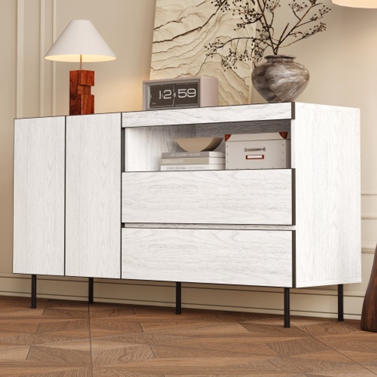 Sideboard met 2 deuren, 2 lades en open rek - Griffloos design met softclose scharnieren en stille lades - Stof- en vochtbestendig, verdikt werkblad - Ruimtelijk en modern, geschikt voor woonkamer en eetkamer