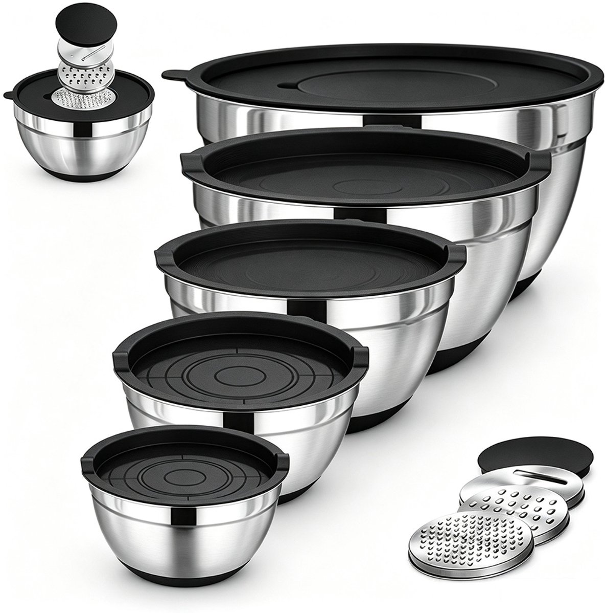 Fokelyi RVS Mengkommen Set 5-Delig - Nestbare Beslagkommen- Met Siliconen Antislip Basis En 3 Raspen - Mixkom En Slakom - Vaatwasserbestendig