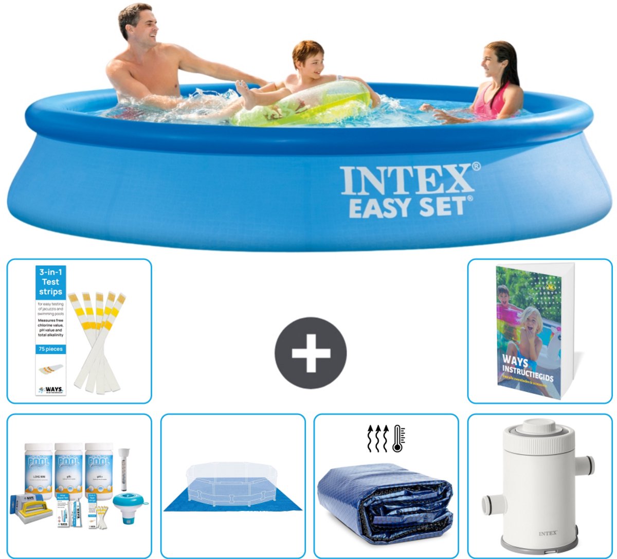 Intex Rond Opblaasbaar Easy Set Zwembad - 305 x 61 cm - Blauw - Inclusief Onderhoudspakket - Grondzeil - Solarzeil - Zwembadfilterpomp - 7-delig