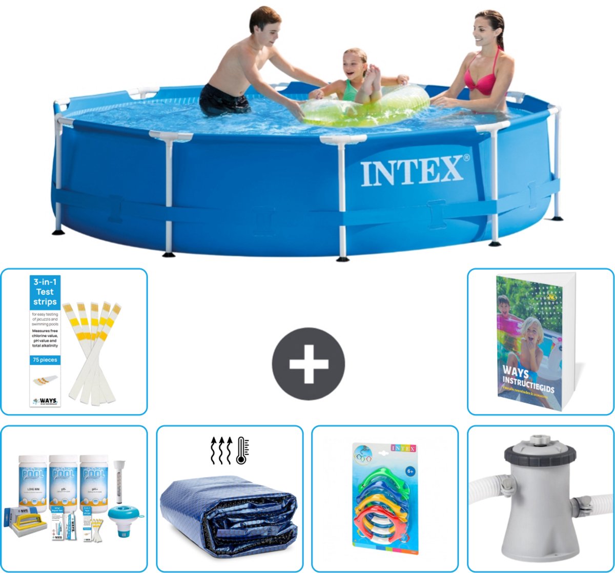 Intex Rond Frame Zwembad - 305 x 76 cm - Blauw - Inclusief Onderhoudspakket - Solarzeil - Speelgoed - Zwembadfilterpomp - 7-delig