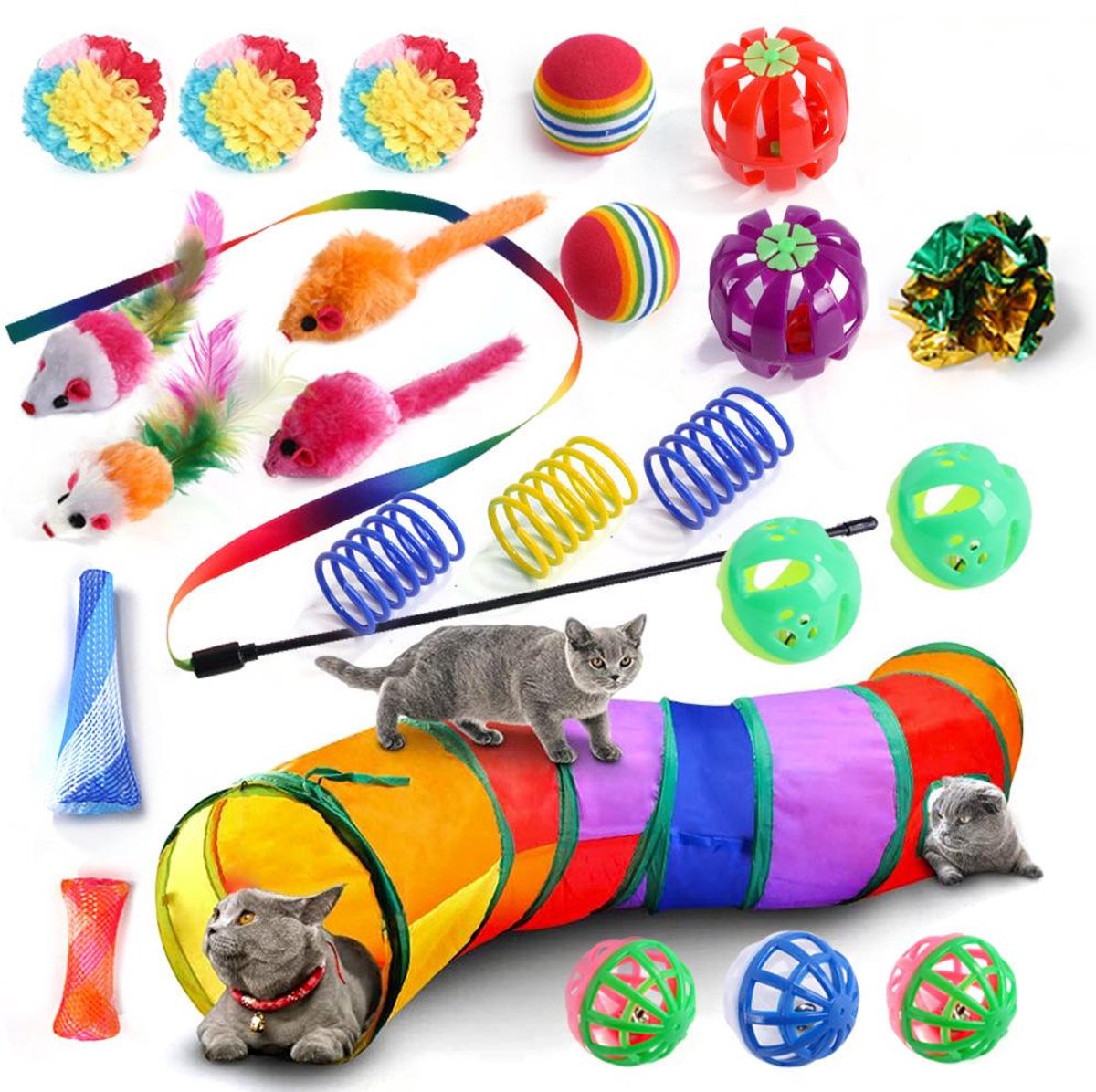 Namajunas - 24 Stuks Kattenspeelgoed - Kattentunnel - Tunnel Kat - Speeltunnel Kat - Kruiptunnel - Speeltunnel - Tunnel - Opvouwbaar - Kattenspeeltjes - Kattenspeeltje interactief - Honden Speelgoed - Konijnen Speelgoed - Met Bungelende Ballen