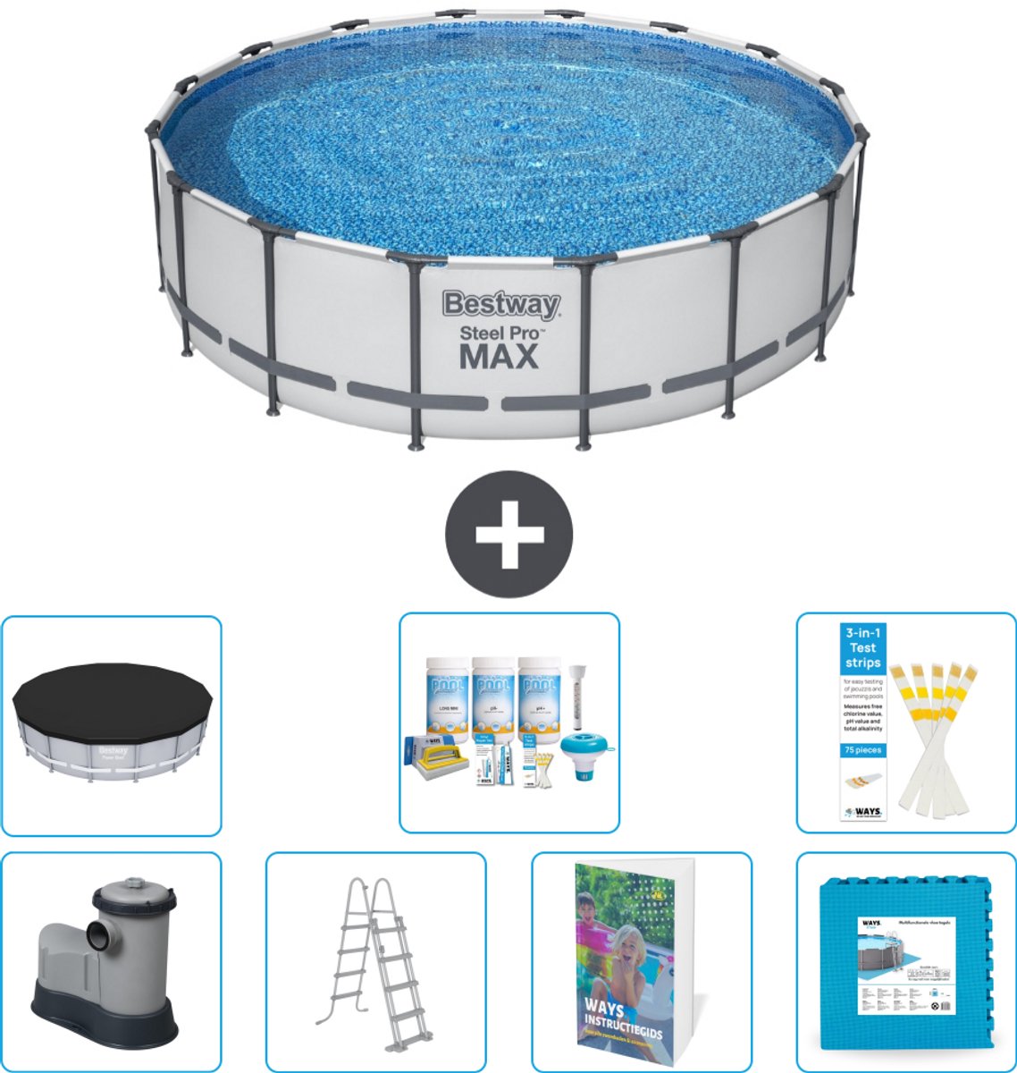 Bestway Rond Steel Pro MAX Zwembad - 488 x 122 cm - Grijs - Inclusief Pomp - Ladder - Afdekzeil - Onderhoudspakket - Vloertegels - 8-delig