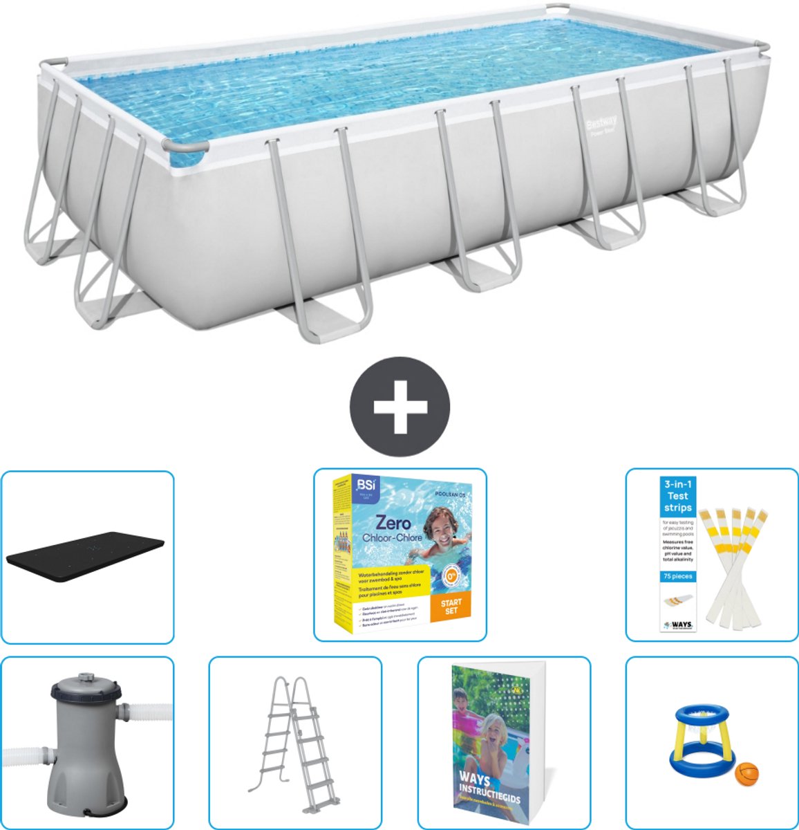 Bestway Rechthoekig Power Steel Zwembad - 488 x 244 x 122 - Grijs Inclusief Pomp - Ladder - Afdekzeil - Onderhoudspakket - Speelgoed - 8-delig
