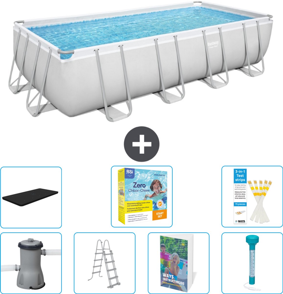 Bestway Rechthoekig Power Steel Zwembad - 488 x 244 x 122 - Grijs Inclusief Pomp - Ladder - Afdekzeil - Onderhoudspakket - Thermometer - 8-delig