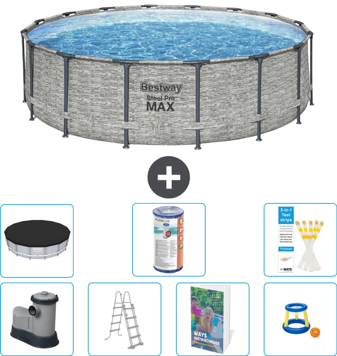 Bestway Rond Steel Pro MAX Zwembad - Steenprint - 488 x 122 cm - Inclusief Pomp - Ladder - Afdekzeil - Filter - Speelgoed - 8-delig