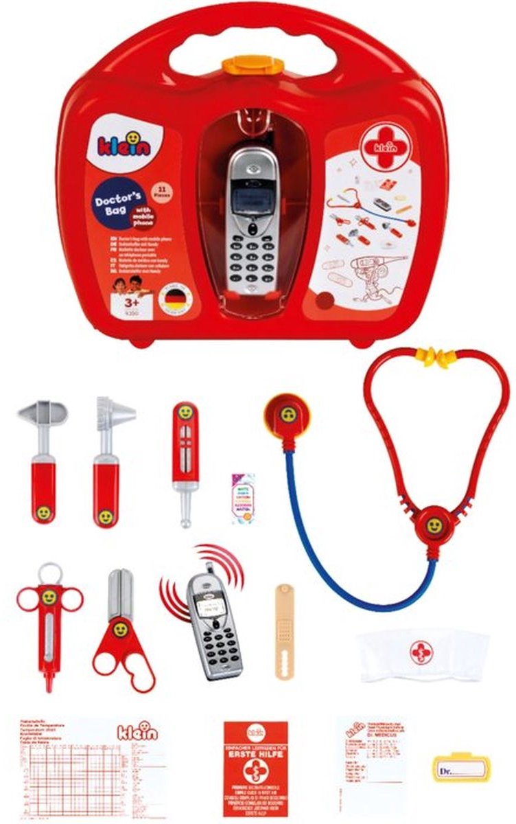 Klein Toys dokterskoffer met mobiele telefoon - stethoscoop, thermometer, reflexhamer, injectiespuit, pincet, oorspiegel, schaar, verpleegsterskapje, naamplaatje, pleisters - multicolor — afbeelding 8