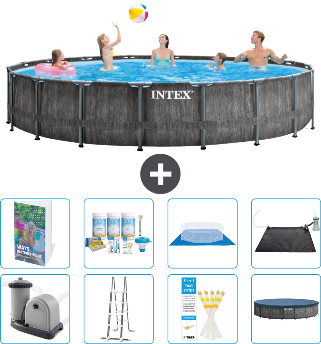 Intex Rond Prism Frame Greywood Zwembad - 549 x 122 cm - Inclusief Pomp - Ladder - Grondzeil - Afdekzeil - Onderhoudspakket - Solar Mat - 9-delig