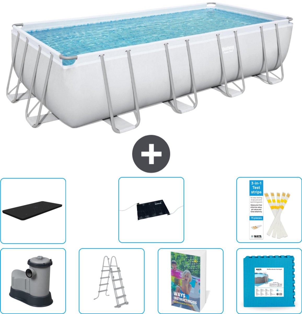 Bestway Rechthoekig Power Steel Zwembad - 549 x 274 x 122 - Grijs - Inclusief Pomp - Ladder - Afdekzeil - Solar Mat - Vloertegels - 8-delig