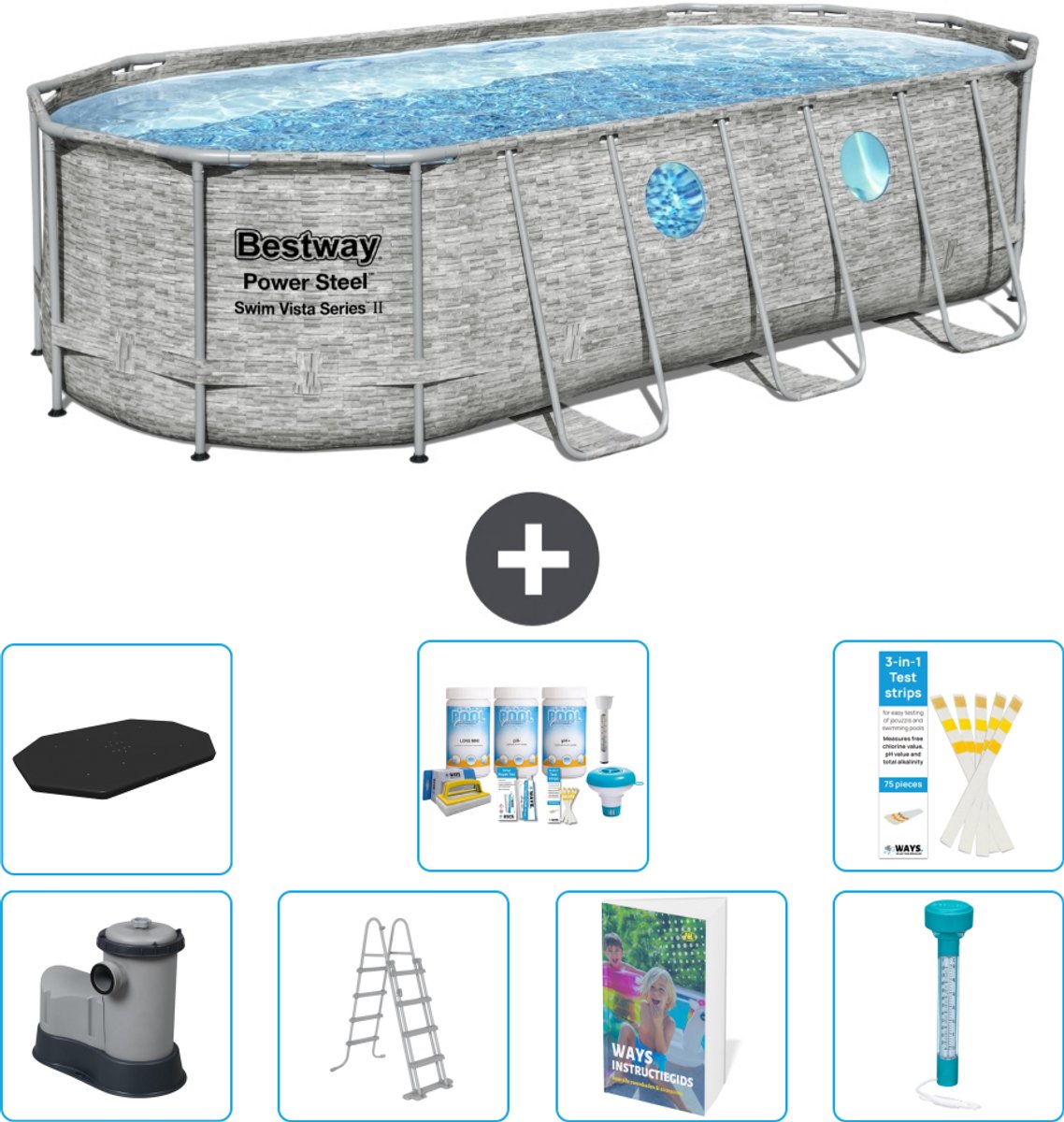 Bestway Ovaal Power Steel Swim Vista Zwembad - Steenprint - 549 x 274 x 122 - Inclusief Pomp - Ladder - Afdekzeil - Onderhoudspakket - Thermometer - 8-delig