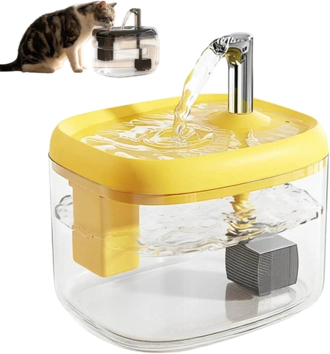 Huisdier Waterfontein - 1,5 Liter Stille Waterdispenser - Met Filter en USB Aansluiting - voor Katten en Kleine Honden - Geel