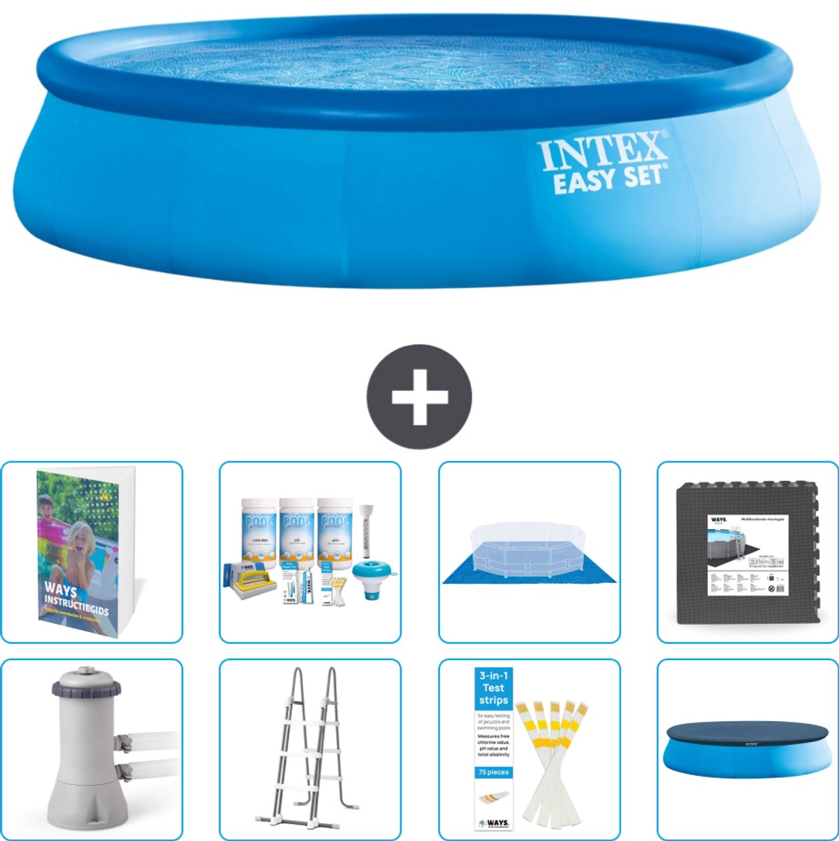 Intex Rond Opblaasbaar Easy Set Zwembad - 457 x 107 cm - Blauw - Inclusief Pomp - Ladder - Grondzeil - Afdekzeil - Onderhoudspakket - Vloertegels - 9-delig