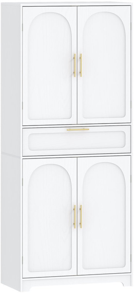 Hzuaneri Keukenkast, Hoge Kast Met 4 Deuren, Dressoir Met 1 Grote Lade, Buffetkast, Eetkamerkast, Verstelbare Planken, Voor Eetkamer, Keuken, Woonkamer, Wit