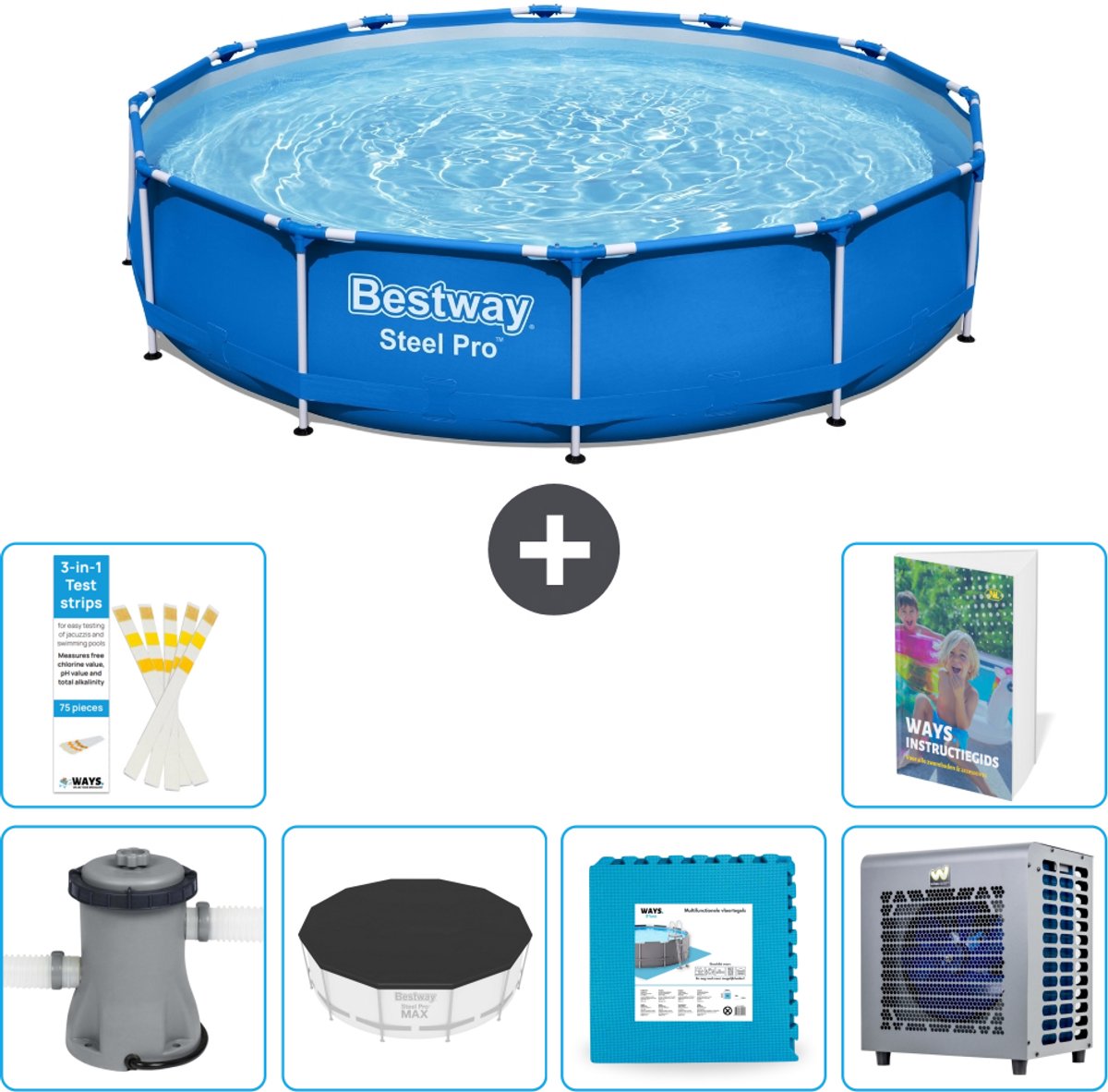 Bestway Rond Steel Pro Zwembad - 366 x 76 cm - Blauw - Inclusief Pomp - Afdekzeil - Vloertegels - Warmtepomp - 7-delig
