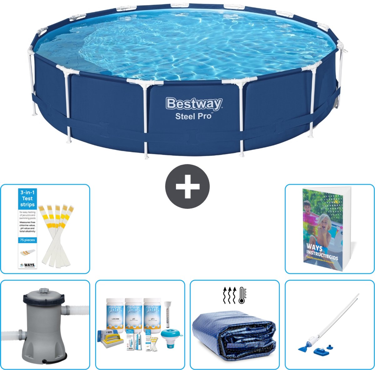 Bestway Rond Steel Pro Zwembad - 396 x 84 cm - Blauw - Inclusief Pomp - Onderhoudspakket - Solarzeil - Stofzuiger - 7-delig