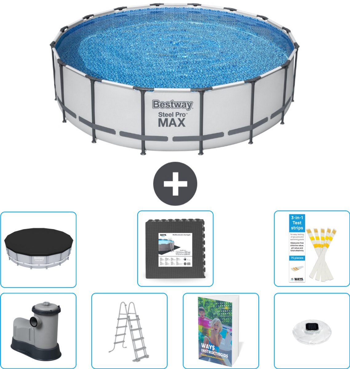 Bestway Rond Steel Pro MAX Zwembad - 488 x 122 cm - Grijs - Inclusief Pomp - Ladder - Afdekzeil - Vloertegels - Verlichting - 8-delig