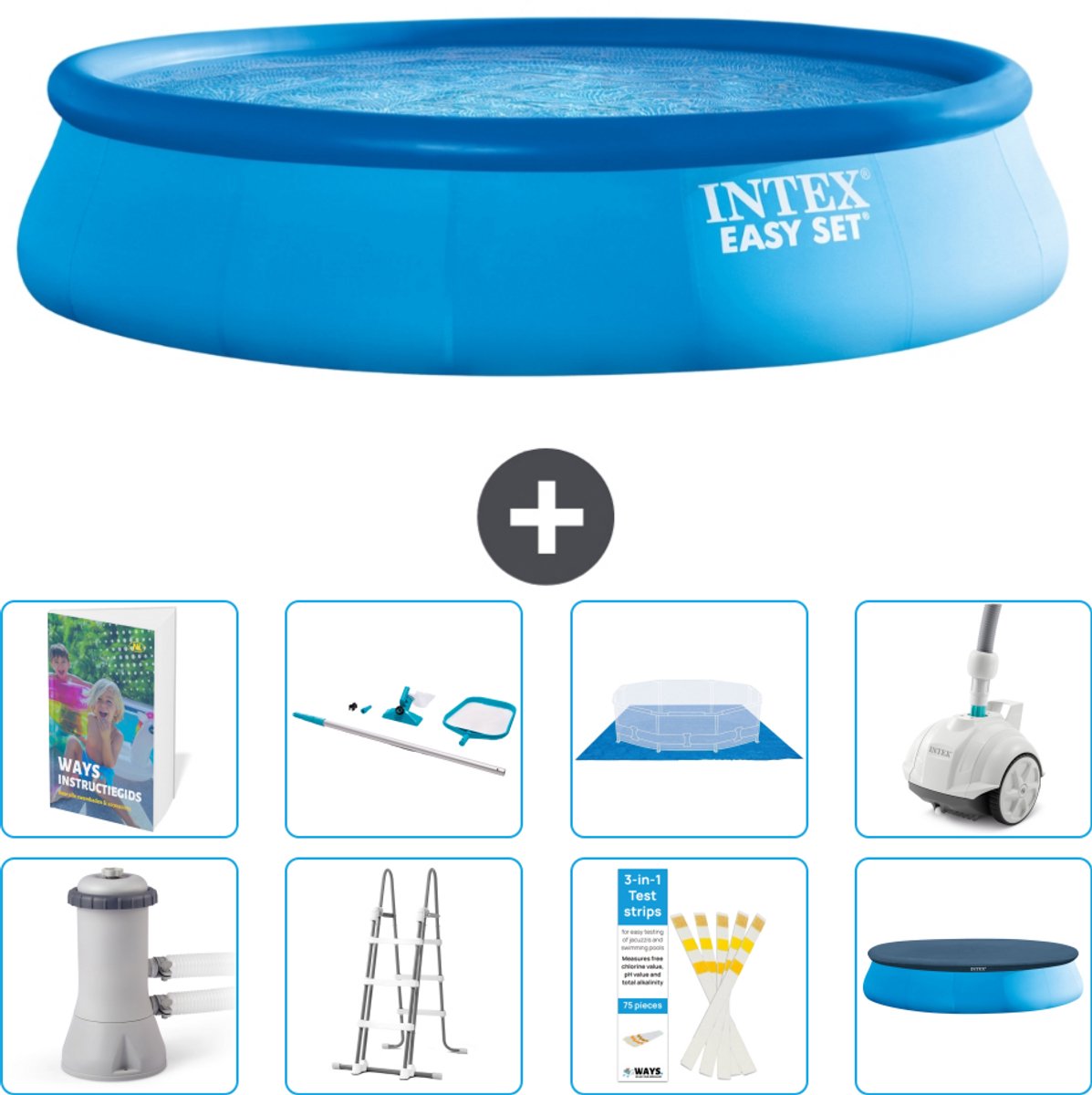 Intex Rond Opblaasbaar Easy Set Zwembad - 457 x 107 cm - Blauw - Inclusief Pomp - Ladder - Grondzeil - Afdekzeil - Schoonmaakset - Stofzuiger - 9-delig
