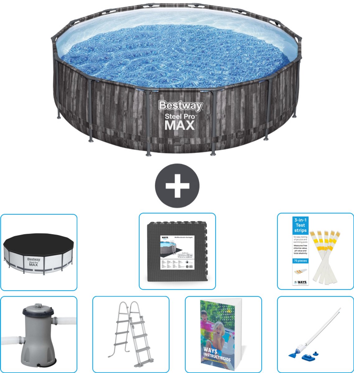 Bestway Rond Steel Pro MAX Zwembad - Houtprint - 427 x 107 cm - Inclusief Pomp - Ladder - Afdekzeil - Vloertegels - Stofzuiger - 8-delig