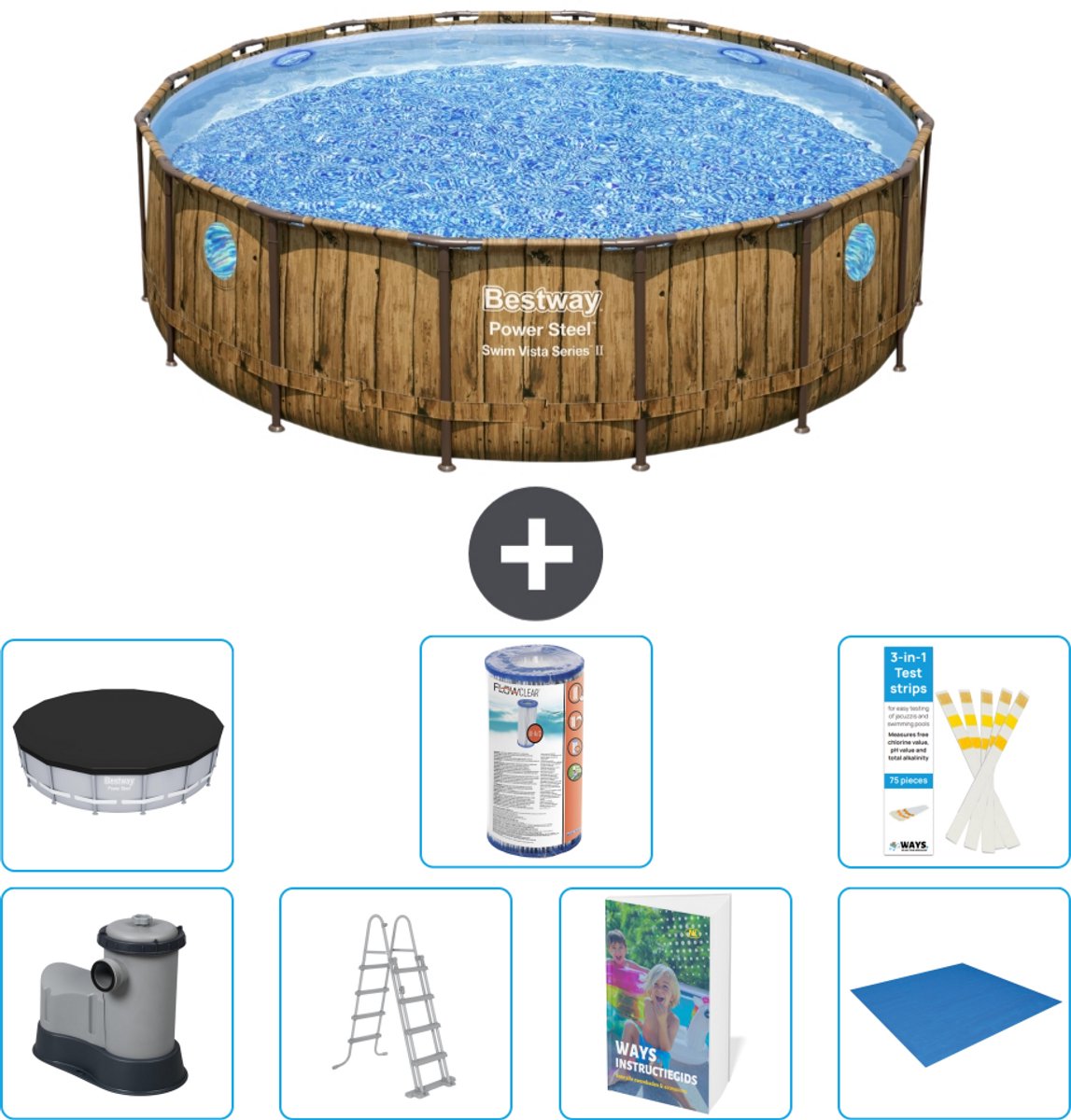 Bestway Rond Power Steel Swim Vista Zwembad - Houtprint - 488 x 122 - Inclusief Pomp - Ladder - Afdekzeil - Filter - Grondzeil - 8-delig