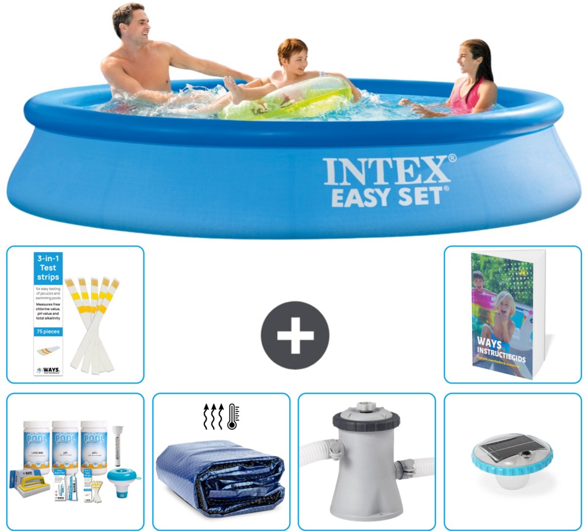 Intex Rond Opblaasbaar Easy Set Zwembad - 305 x 61 cm - Blauw - Inclusief Onderhoudspakket - Solarzeil - Zwembadfilterpomp - Verlichting - 7-delig