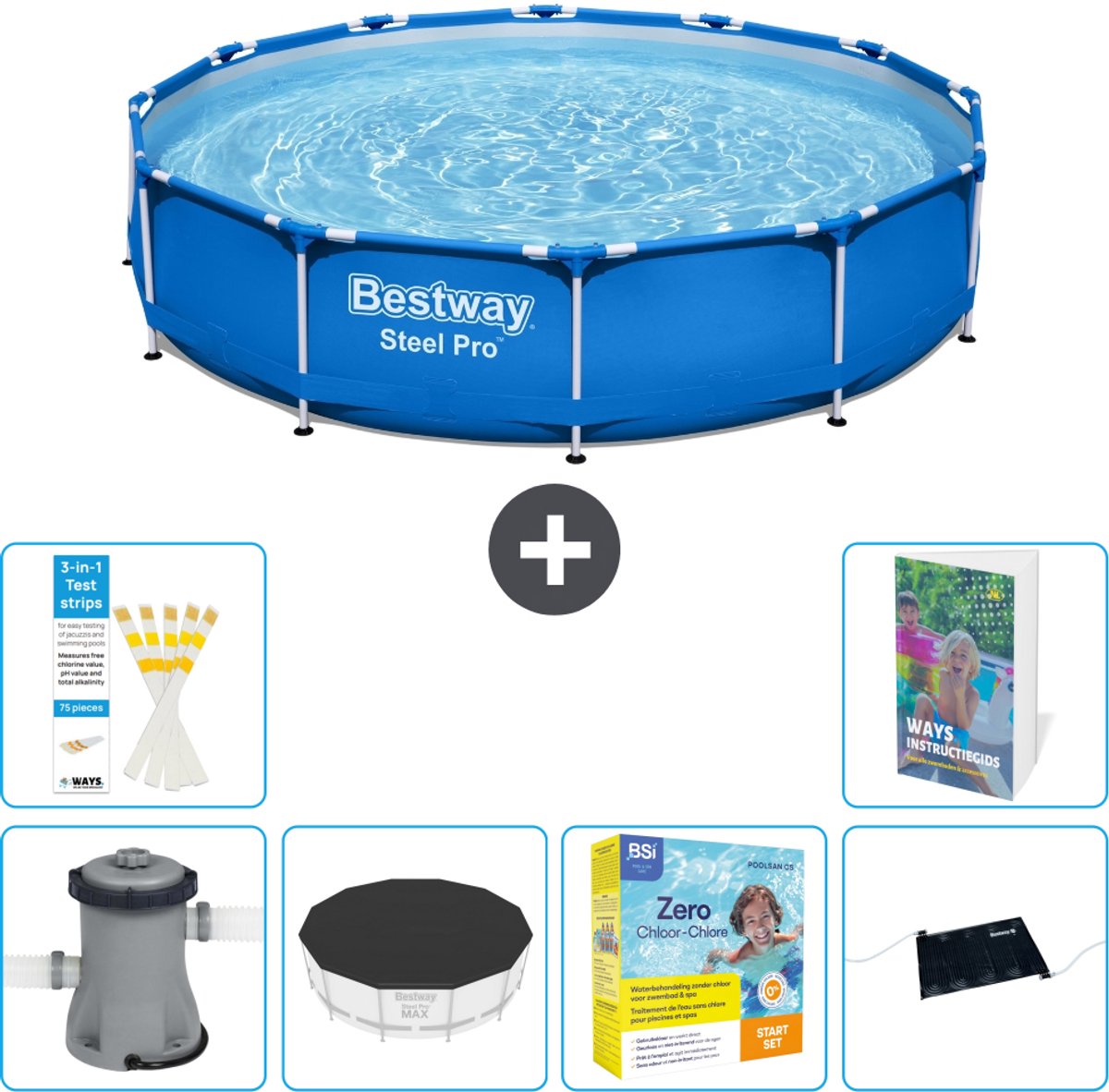 Bestway Rond Steel Pro Zwembad - 366 x 76 cm - Blauw - Inclusief Pomp - Afdekzeil - Onderhoudspakket - Solar Mat - 7-delig