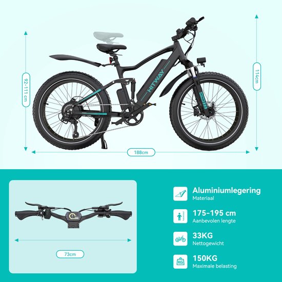 Hitway Elektrische Fiets BK9SR - 26*4.0 Inch Fatbike - Mountain Snow EBike met Afneembare 48V 15Ah Lithium Batterij - City Commuter E-Bike met 250W Motor - Maximale Actieradius tot 90-120 KM - Compatibel met APP en NFC van Hitway — afbeelding 3