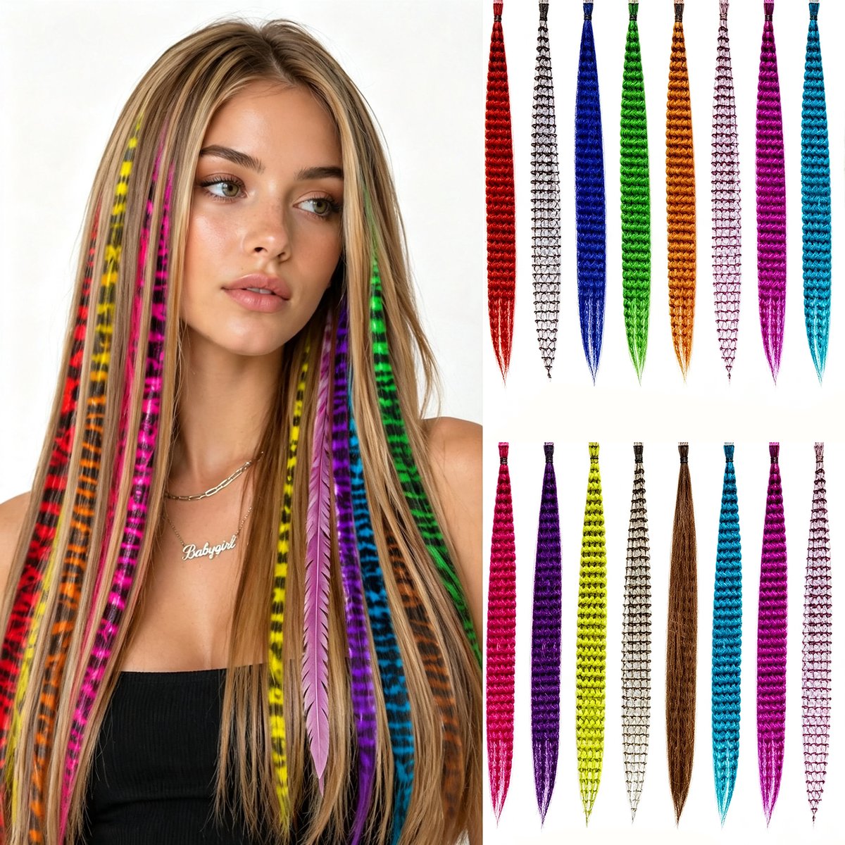 Set van 100 haarextensies Lang synthetisch haar met veertjes Verkrijgbaar in 13 kleuren Inclusief kralen en tangetje Geschikt voor volwassenen en kinderen Perfect voor feestjes carnavals en diverse evenementen Afmetingen 30 x 0,2 cm