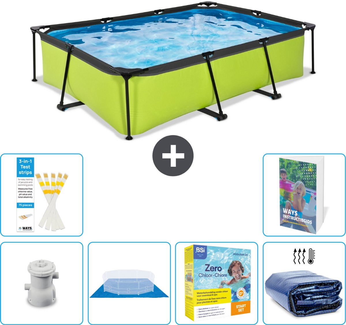 EXIT Rechthoekig Lime Frame Zwembad - 300 x 200 x 65 cm - Inclusief Pomp - Grondzeil - Onderhoudspakket - Solarzeil - 7-delig