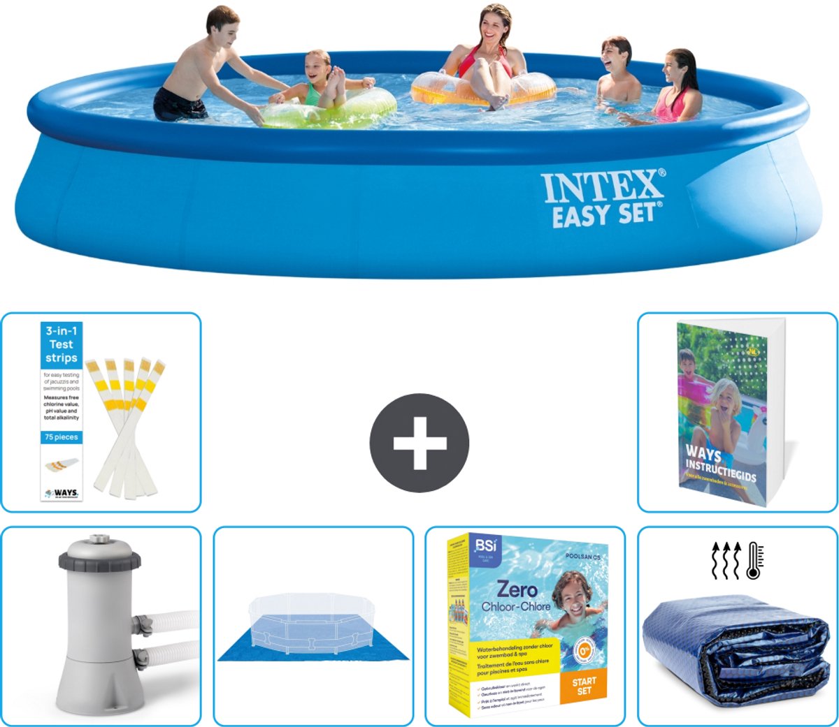 Intex Rond Opblaasbaar Easy Set Zwembad - 457 x 84 cm - Blauw - Inclusief Pomp - Grondzeil - Onderhoudspakket - Solarzeil - 7-delig
