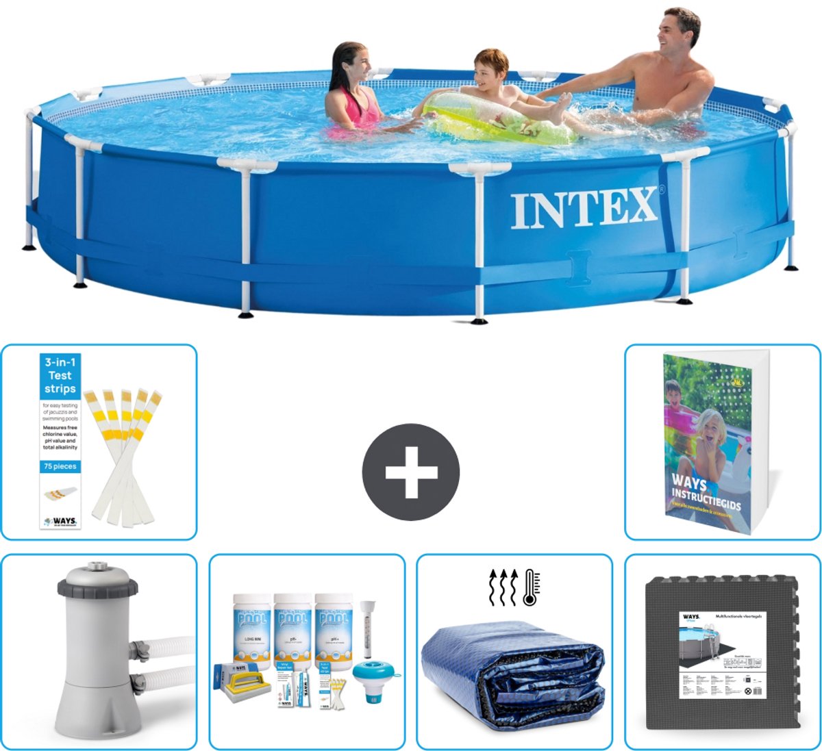 Intex Rond Frame Zwembad - 366 x 76 cm - Blauw - Inclusief Pomp - Onderhoudspakket - Solarzeil - Vloertegels - 7-delig